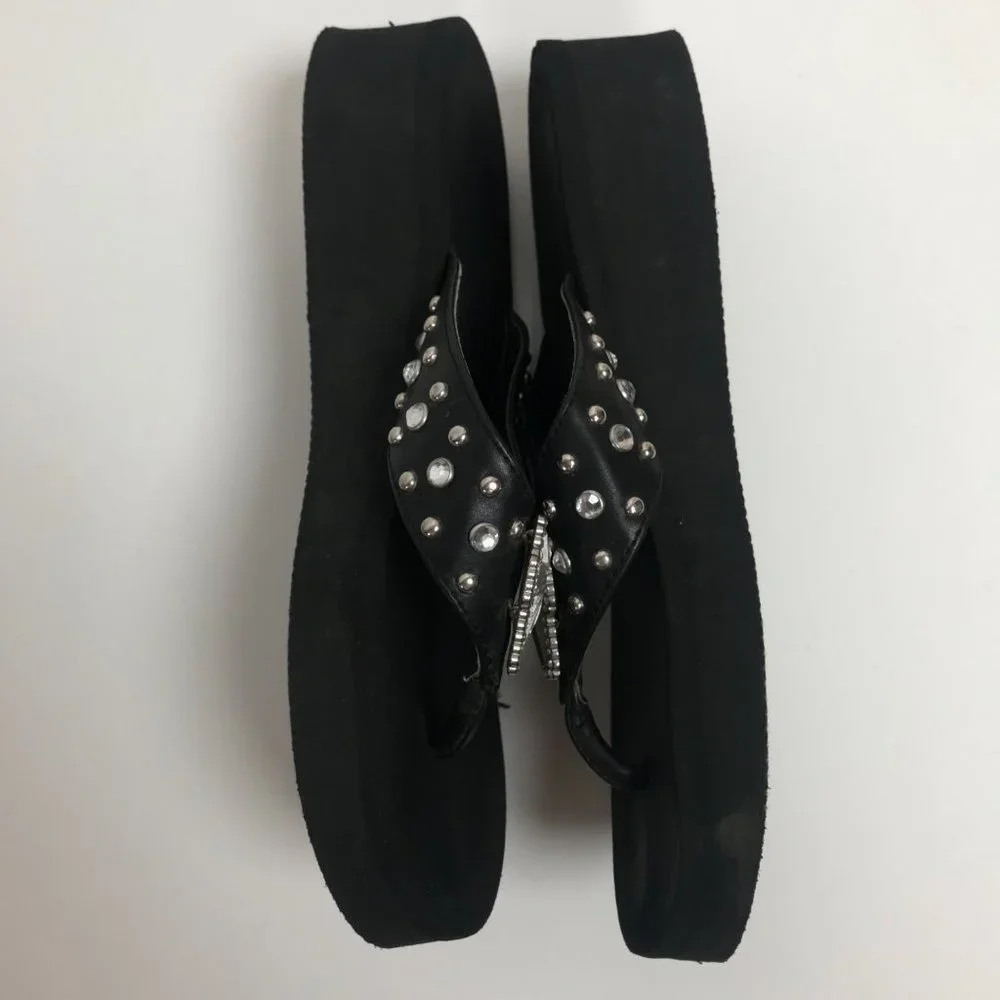Vintage Y2K Black Biker Embellished Grunge Chunky Platform Flip Flops / Size: 7 - Picture 5 of 7